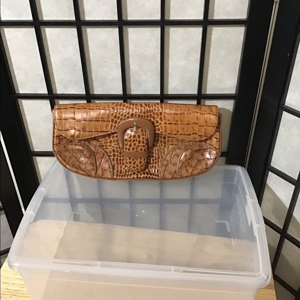 Croc-Embossed Buckle Clutch in Tan